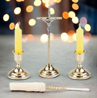 Elegancki złoty zestaw komplet kolędowy krzyż + lichtarze świece + kropidło