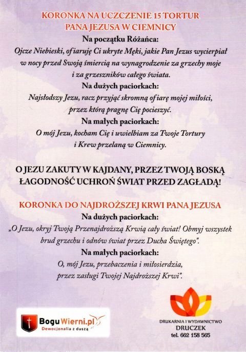 Ukryte Męki Pana Jezusa w ciemnicy obraz łaski koronka 15 tortur i do Krwi