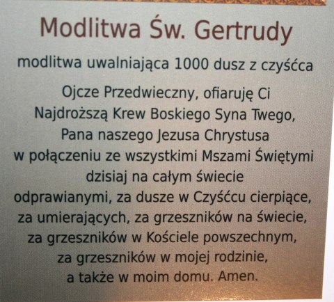 Zakładka modlitwa św. Gertrudy za dusze w czyśćcu