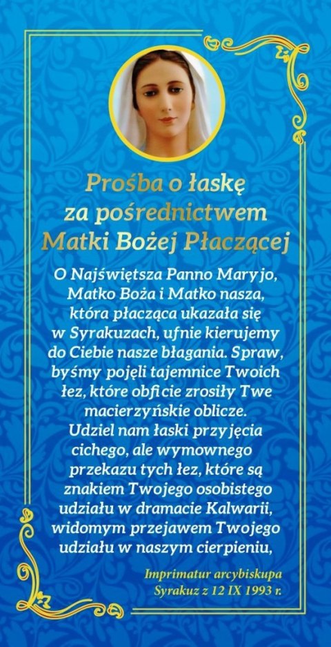 Zakładka obrazek modlitwa Prośba o wstawiennictwo Matki Bożej Płaczącej