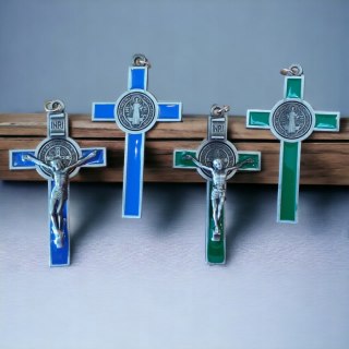 7cm krzyż krzyżyk medalik św. Benedykta srebrny metalowy niebieski zielony